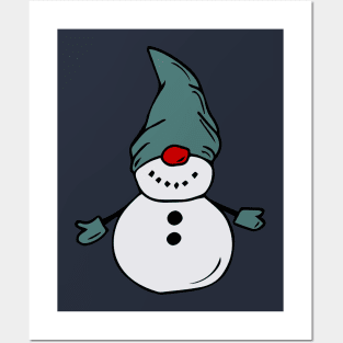 Cute snowman in a blue hat and mittens. Posters and Art